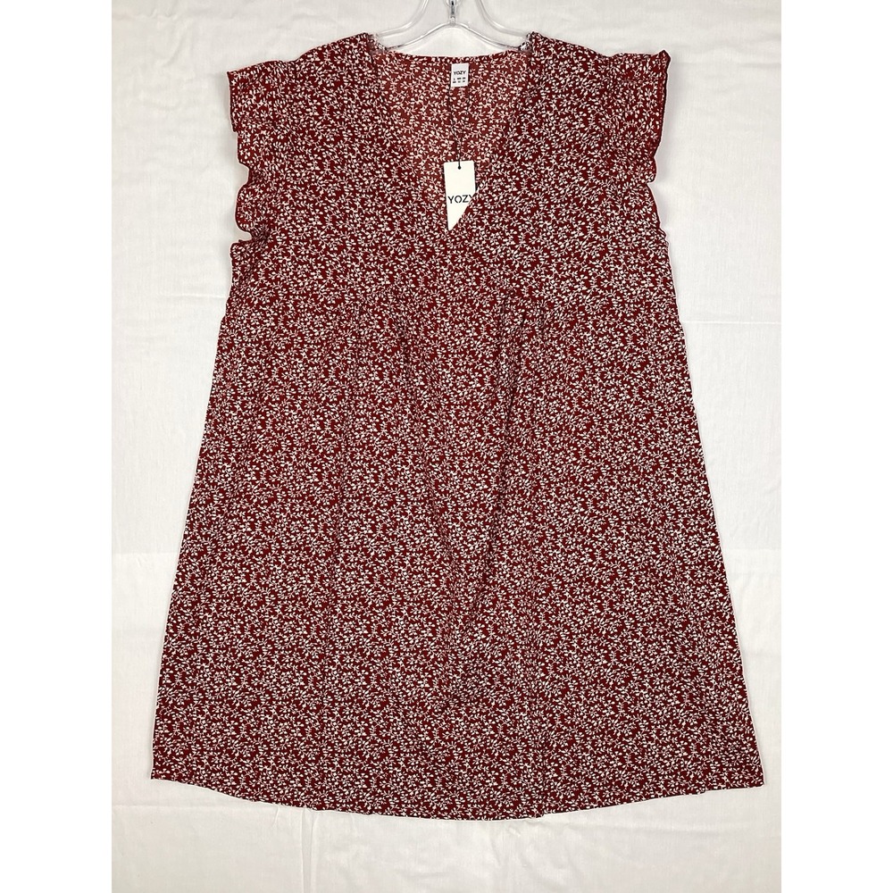 Yozy Dress Women's Large Red White  Floral V-Neck‎ Cap Sleeves NWT
